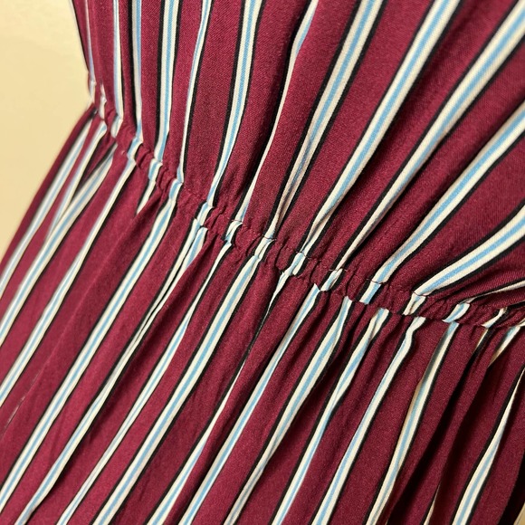 Band Of Gypsies Dress SM/MED Maroon Striped Mini Ruffle Flounce V-Neck Tie Front - Picture 6 of 7
